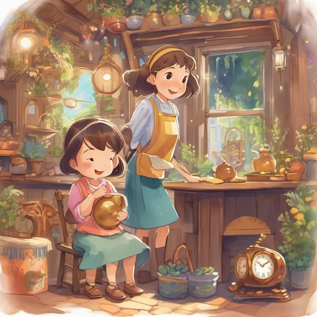 A young version of A curious young girl with a twinkle in her eyes, full of whimsy and adventure spirit's grandmother, giggling and playfully asking A curious young girl with a twinkle in her eyes, full of whimsy and adventure spirit about a magical clock