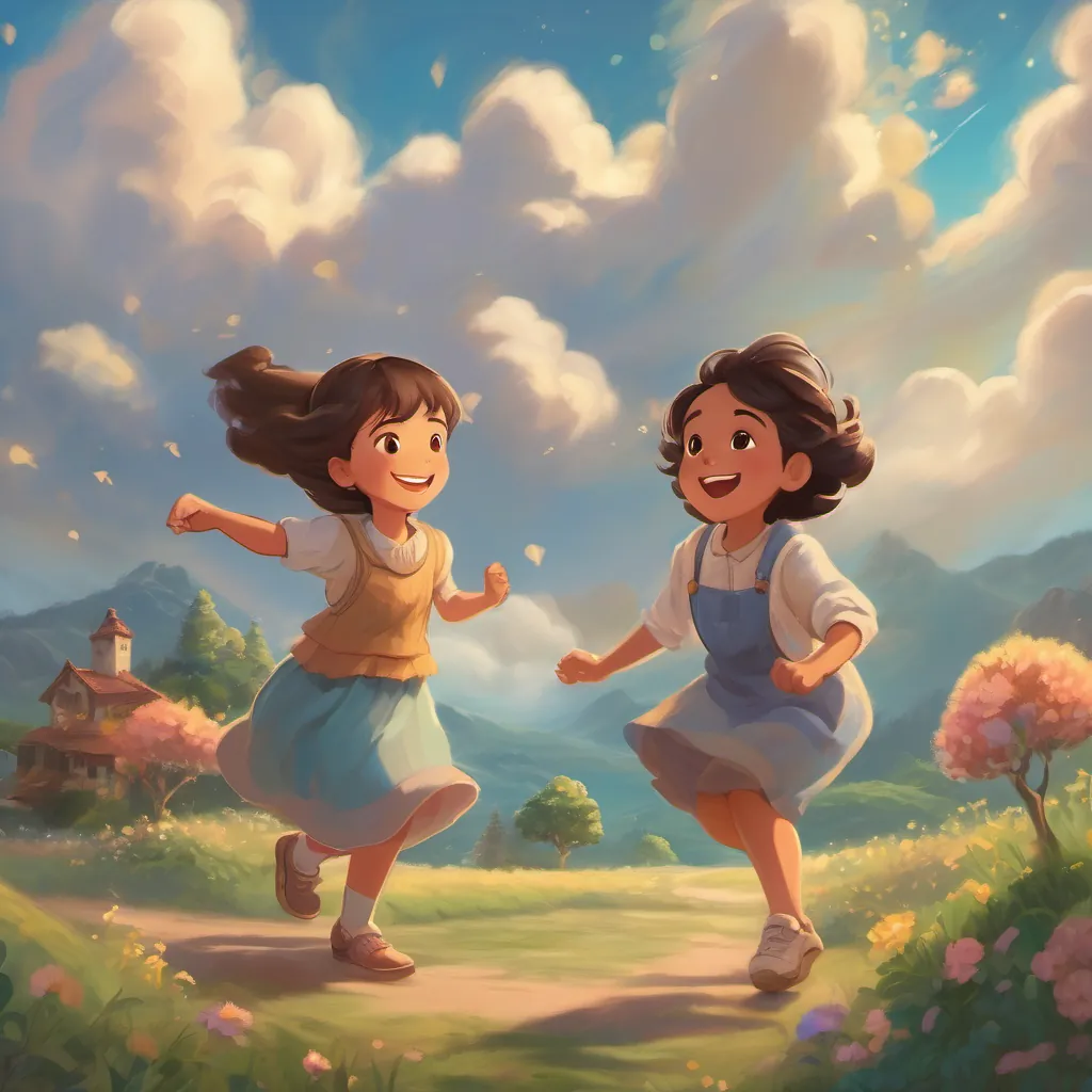 A curious young girl with a twinkle in her eyes, full of whimsy and adventure spirit laughing alongside a young version of her grandmother as they dance with the clouds overhead