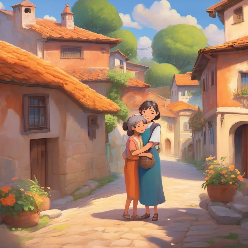 A curious young girl with a twinkle in her eyes, full of whimsy and adventure spirit hugging her young grandmother, returning to her bright orange village with a warm, satisfied smile