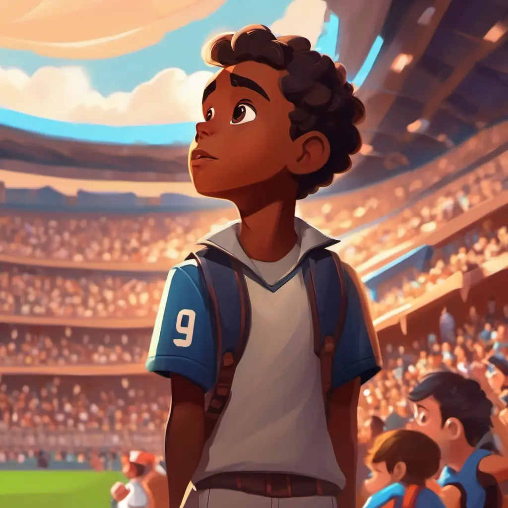 Eager boy with brown skin, dark eyes, always in sports attire daydreaming, large imagined stadium, excited crowd.