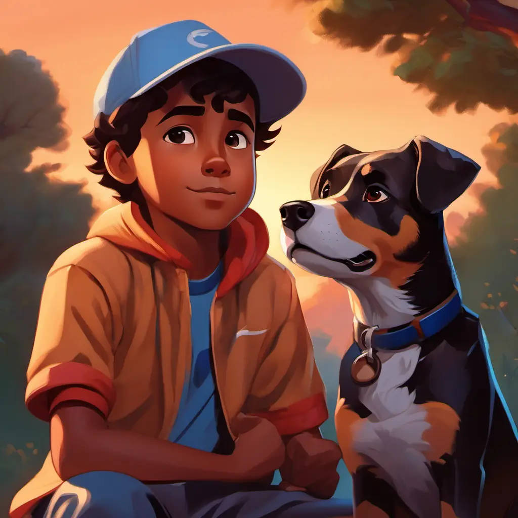 Eager boy with brown skin, dark eyes, always in sports attire consoled by dog, determination, friendship, dusk setting.