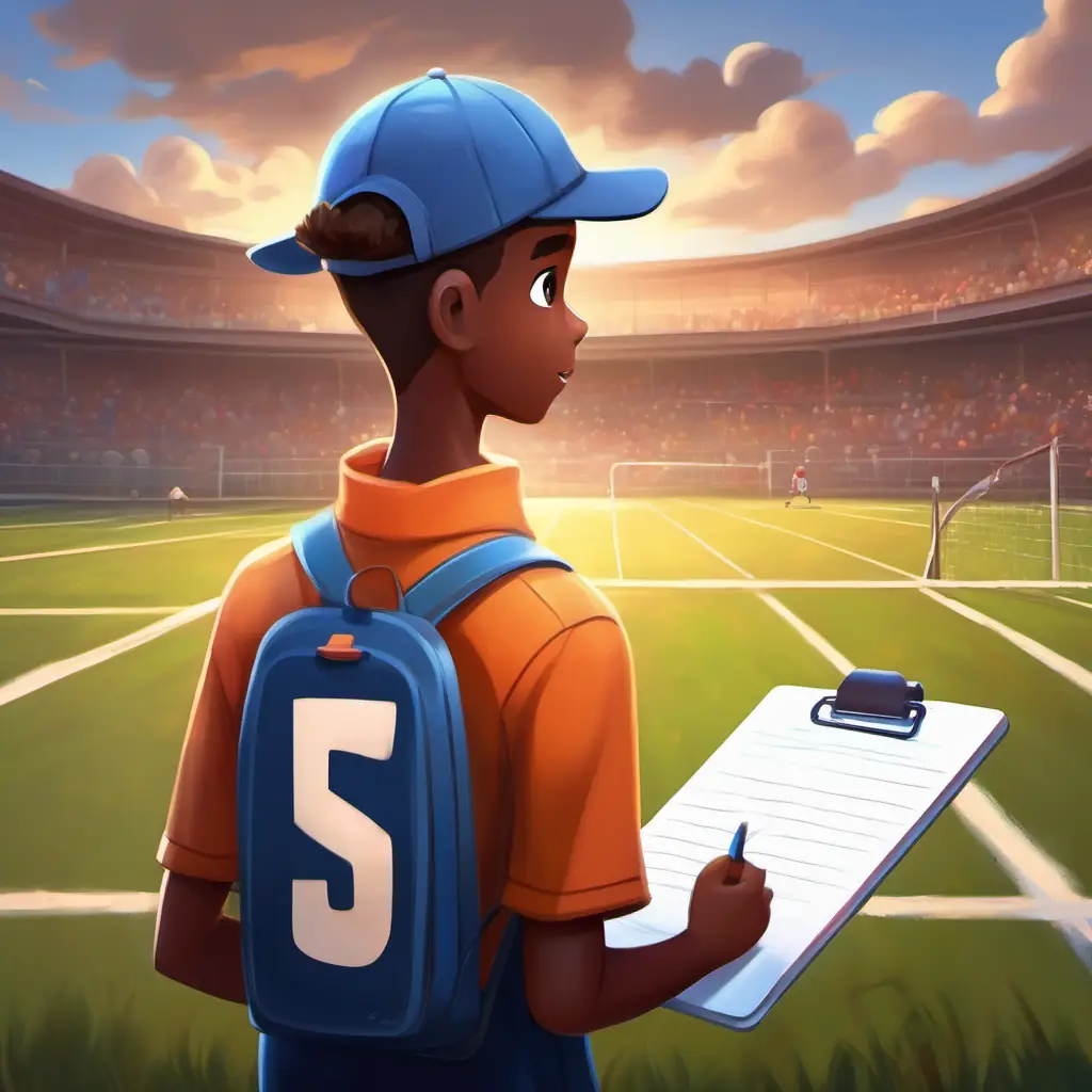 Supportive figure, wearing a whistle, sports cap, clipboard in hand encouraging Eager boy with brown skin, dark eyes, always in sports attire, acknowledgment, football field, practice session.