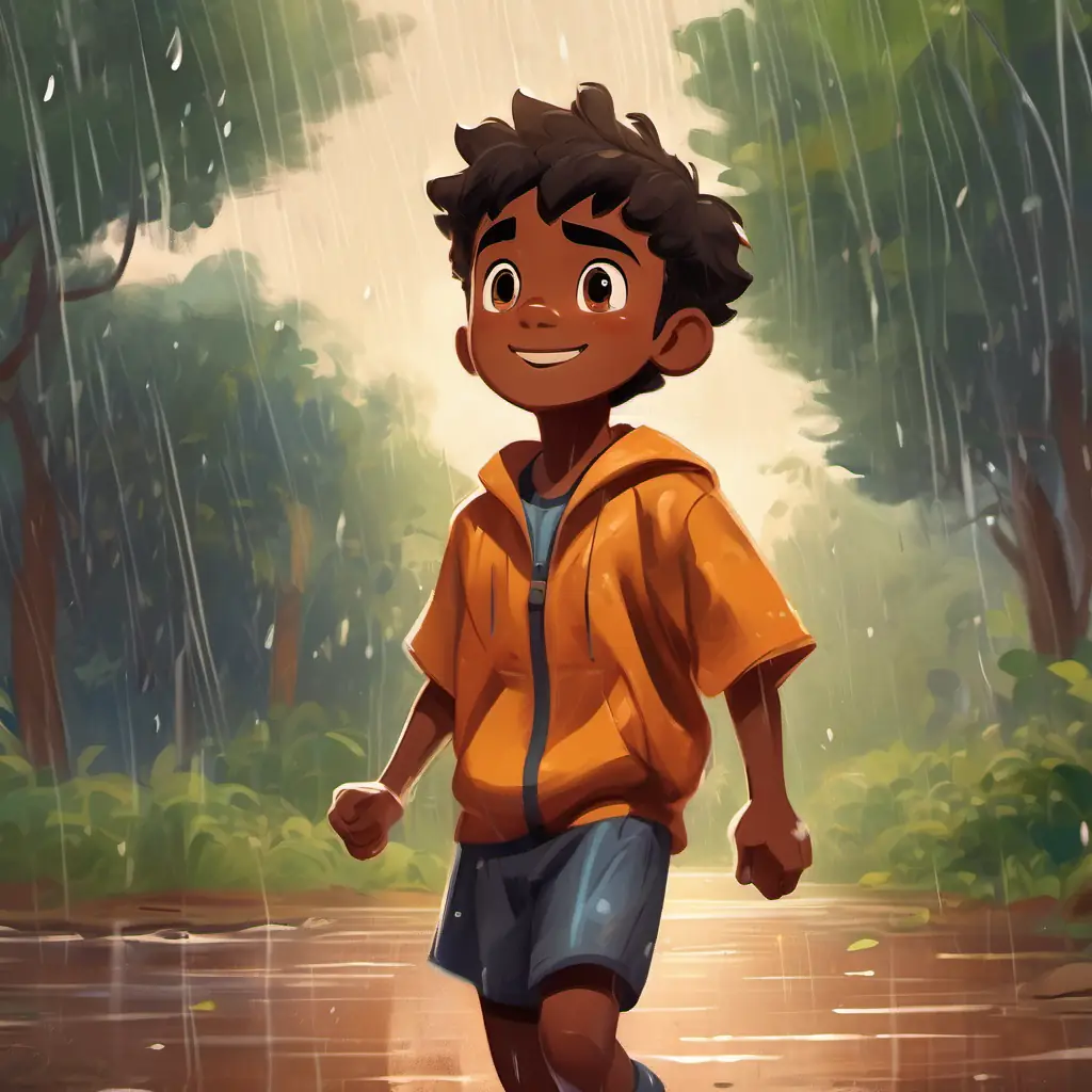 Eager boy with brown skin, dark eyes, always in sports attire playing in rain, showing resolve, muddy backyard.