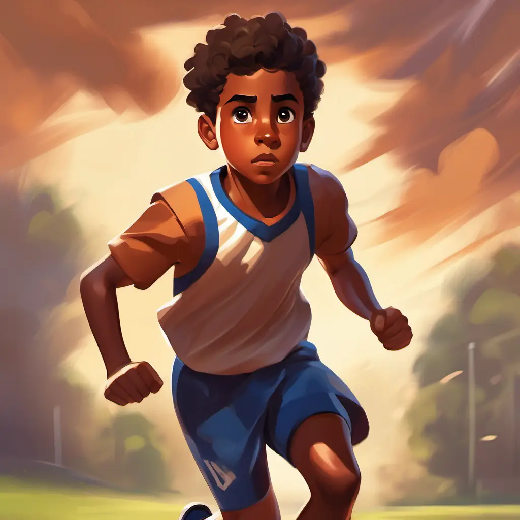 Eager boy with brown skin, dark eyes, always in sports attire spotting opportunity, intense game, running, focused.