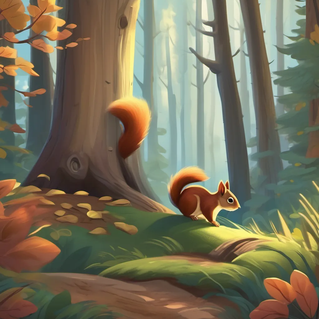 A lively forest with a small squirrel named A small, cute squirrel with a fluffy tail, looking curious and brave, and a tall, shadowy tree in the corner.