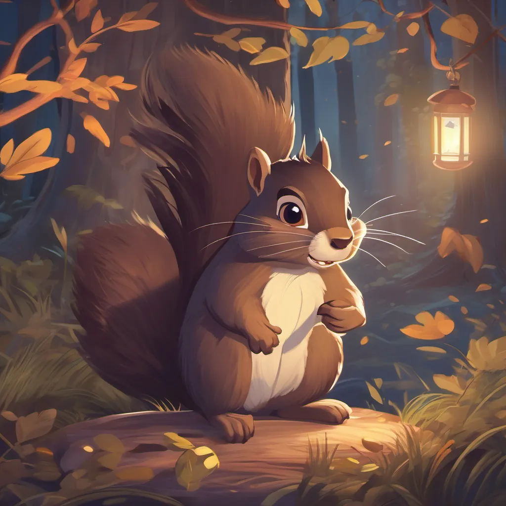 A dark, windy night with a wide-awake squirrel looking frightened by spooky sounds.