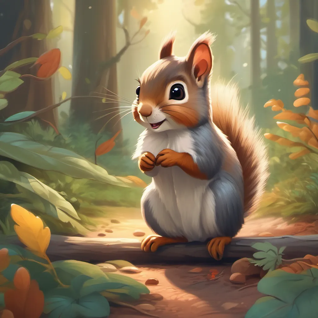 A cozy scene of A small, cute squirrel with a fluffy tail, looking curious and brave and the tiny mouse playing, with a happy and brightly illustrated forest.