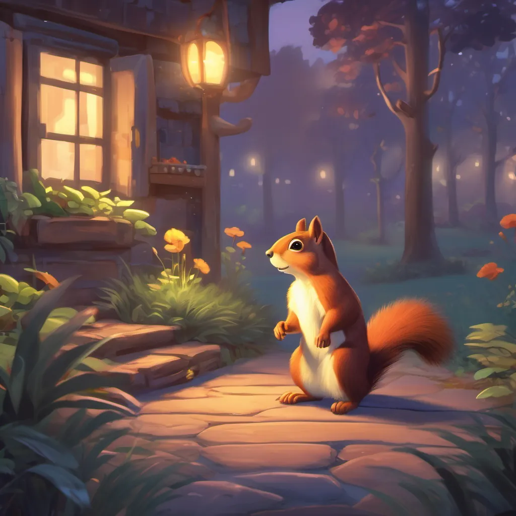 A night scene with a curious but cautious squirrel deciding to investigate in the morning.