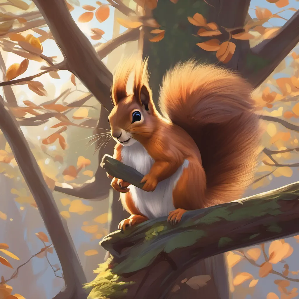 A bright morning with A small, cute squirrel with a fluffy tail, looking curious and brave approaching a shadowy tree that looks like a giant claw.