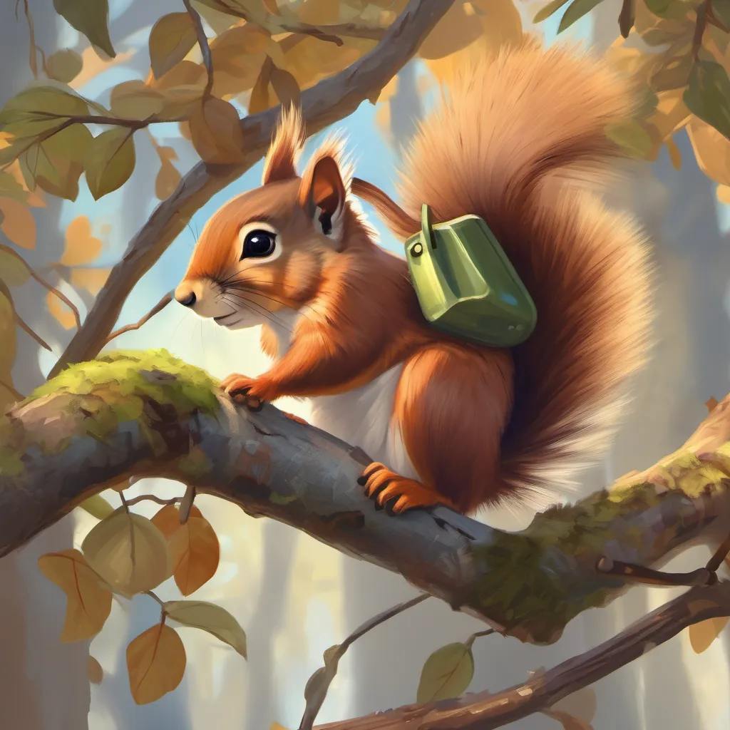 A small, cute squirrel with a fluffy tail, looking curious and brave the squirrel finding a tattered old hat hanging from the tree branch.