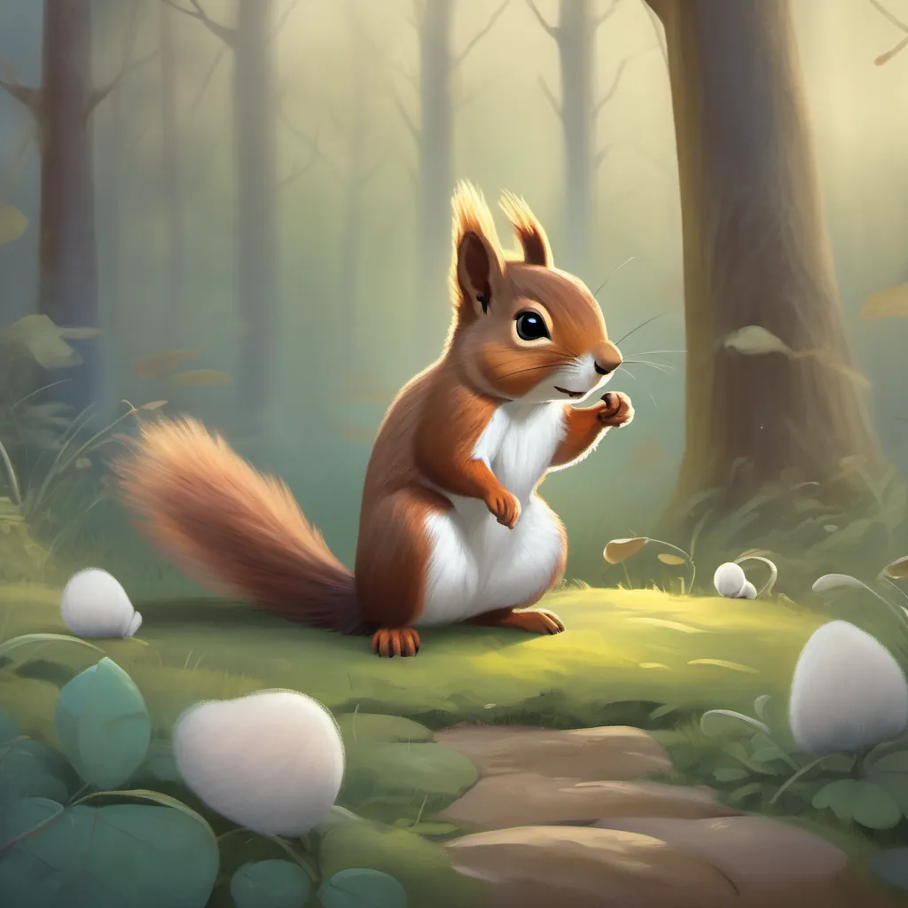 A small, cute squirrel with a fluffy tail, looking curious and brave the squirrel and a tiny mouse talking, with the mouse explaining the ghostly game.