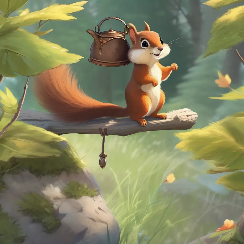 A small, cute squirrel with a fluffy tail, looking curious and brave feeling relieved and brave as the tiny mouse holds up the hat.