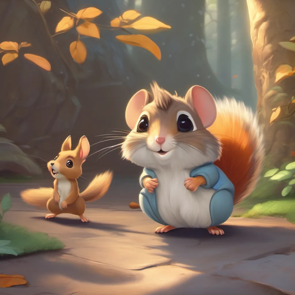 The tiny mouse inviting A small, cute squirrel with a fluffy tail, looking curious and brave to join the ghostly games.