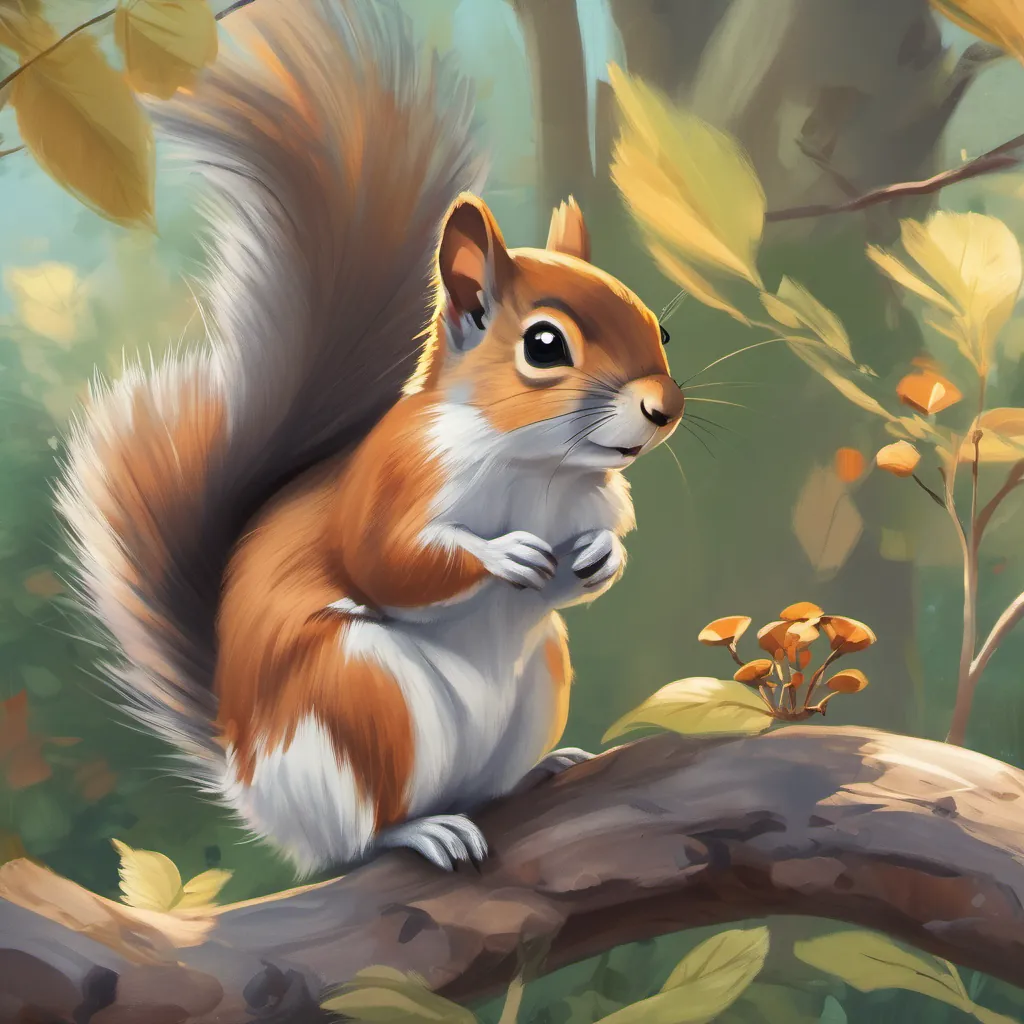 A small, cute squirrel with a fluffy tail, looking curious and brave and the tiny mouse becoming friends and playing under the once-shadowy tree.