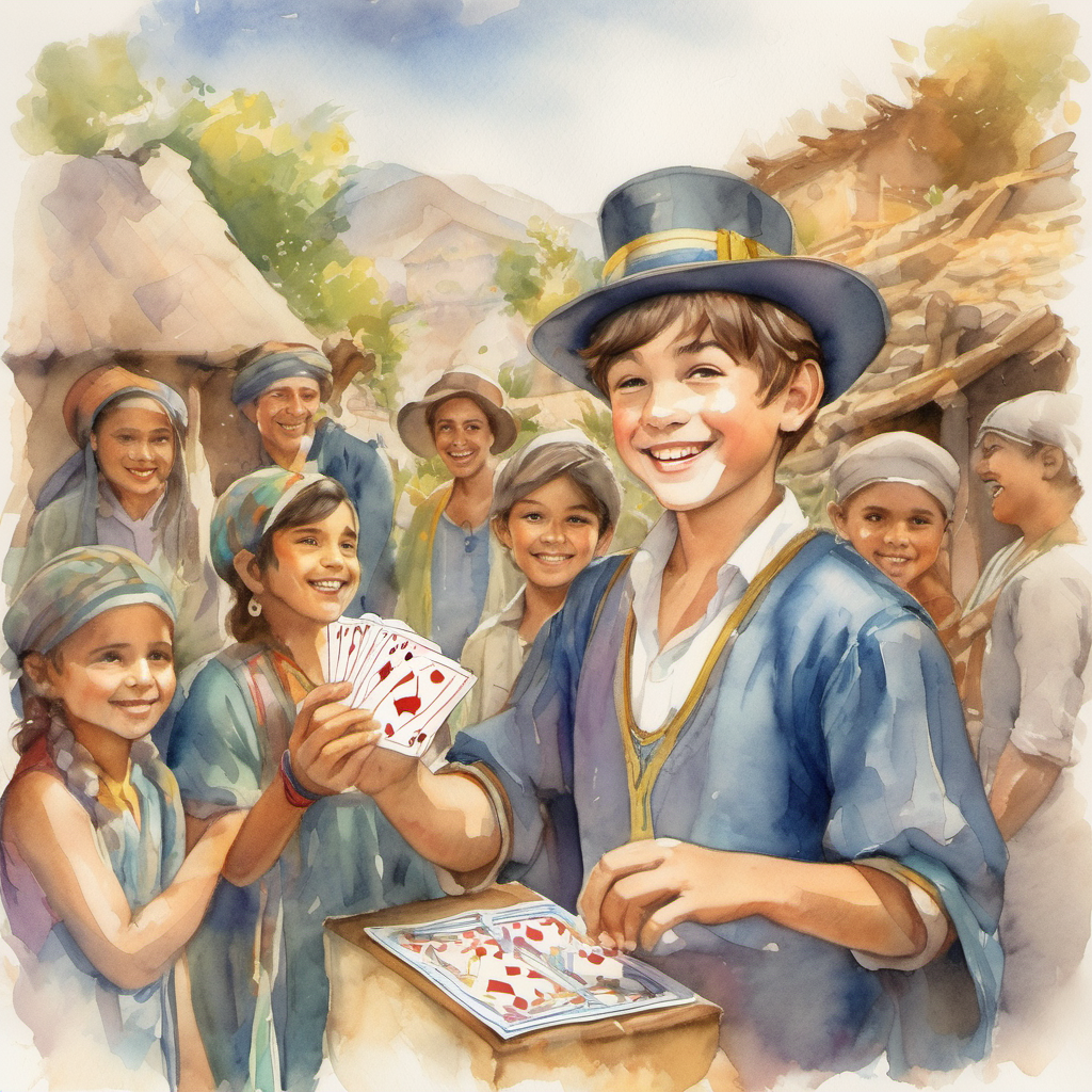 Leo, a young magician with a bright smile performing magic tricks for the villagers