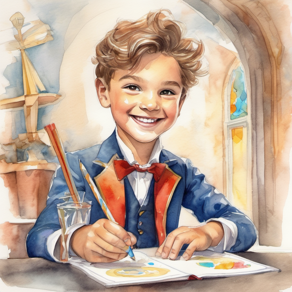 Leo, a young magician with a bright smile preparing for his new magic trick