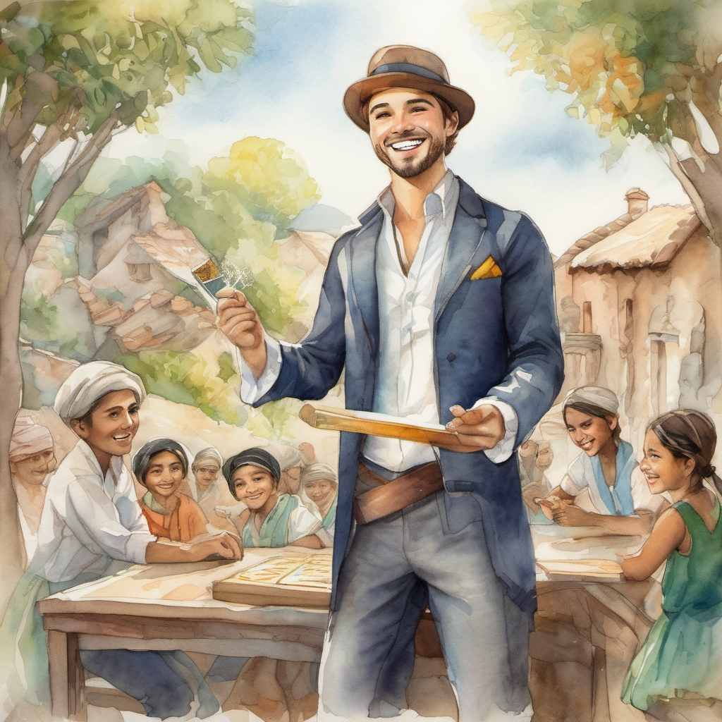 Leo, a young magician with a bright smile practicing magic and being appreciated by the villagers