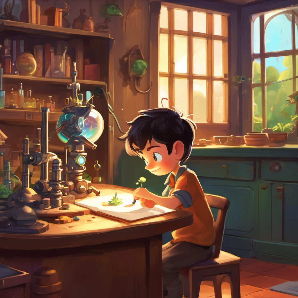 Once upon a time, in a small town called Chemland, lived a curious little boy named Adam. Adam loved to explore and learn about the world around him. One day, as he was playing with his microscope in his homemade laboratory, he noticed something unusual. It was a tiny, glowing atom floating right before his eyes. Excitedly, Adam reached out to touch it and, to his surprise, the atom responded, "Hello, young adventurer! My name is Alan the Atom, and I'm here to take you on an incredible journey through the world of particles."
