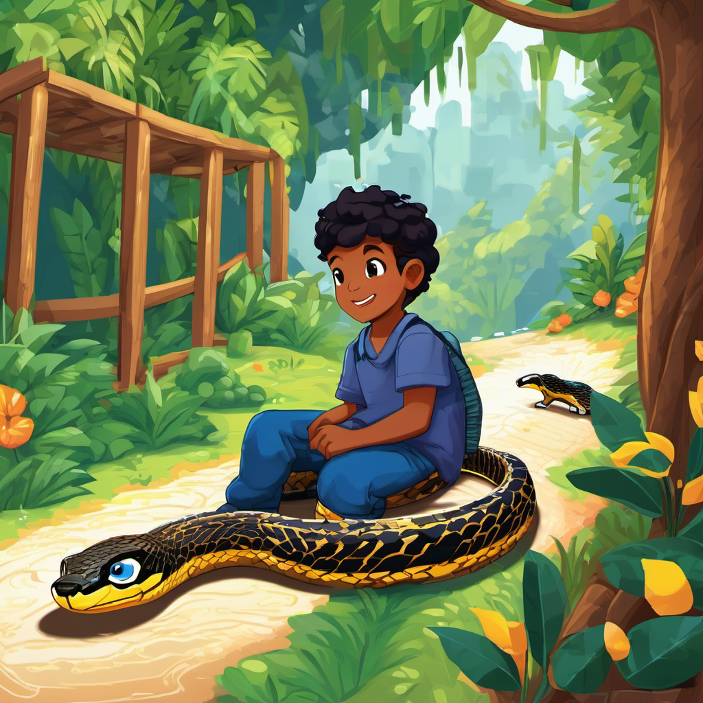 Next, they went to see the penguins in their icy habitat. Zakir loved watching them waddle around and slide on their bellies. He imagined himself having a sliding race with the penguins and winning a shiny gold medal. From there, they explored the reptile house. In one corner, Zakir saw a gigantic python curled up, resting. It was the longest snake he had ever seen! His mom explained that pythons can be longer than a school bus. Zakir's eyes widened, and he thanked the python for not being big enough to eat him.