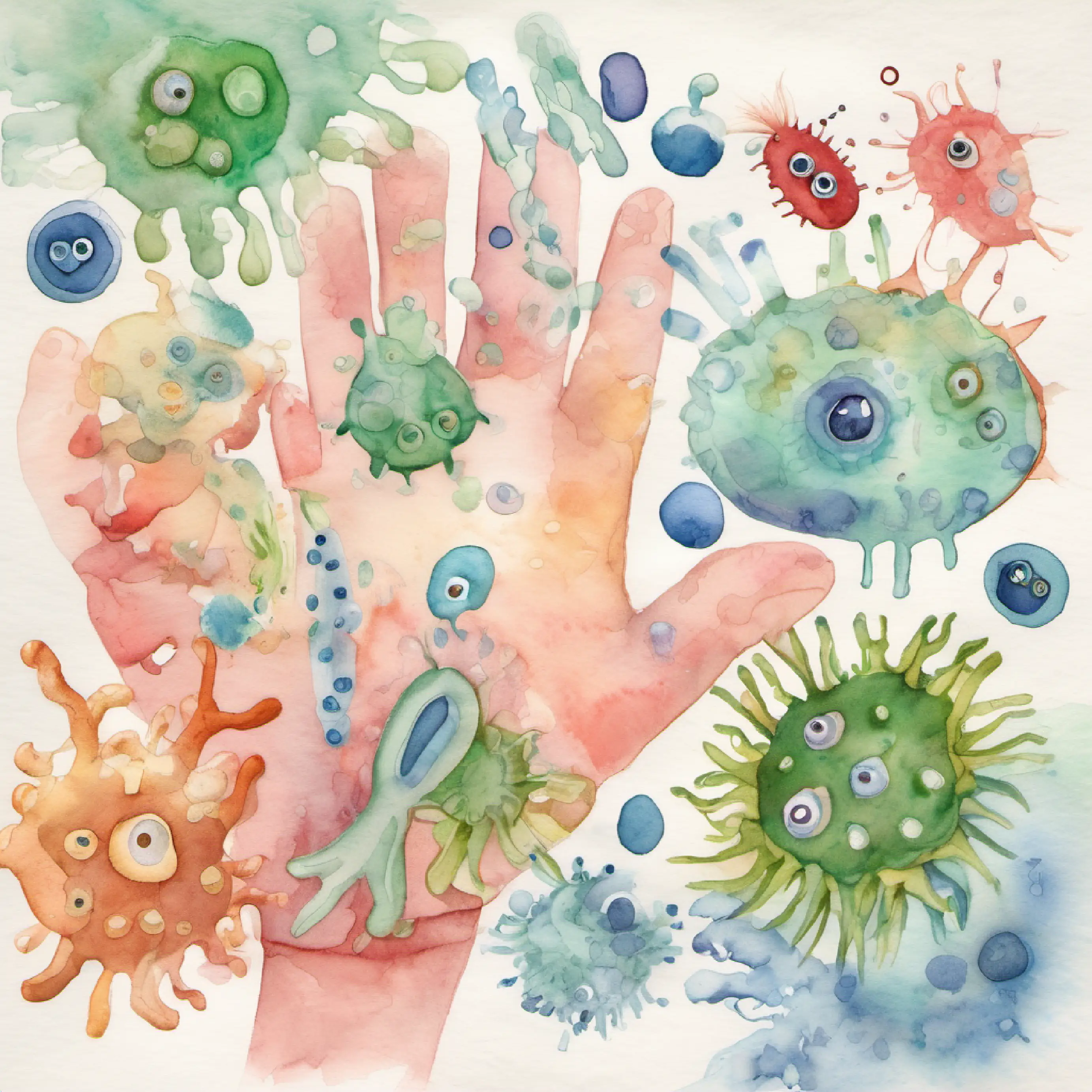  group of bacteria on a child's hand. the bacteria have eyes, mouth, nose, ears, hands and hair.