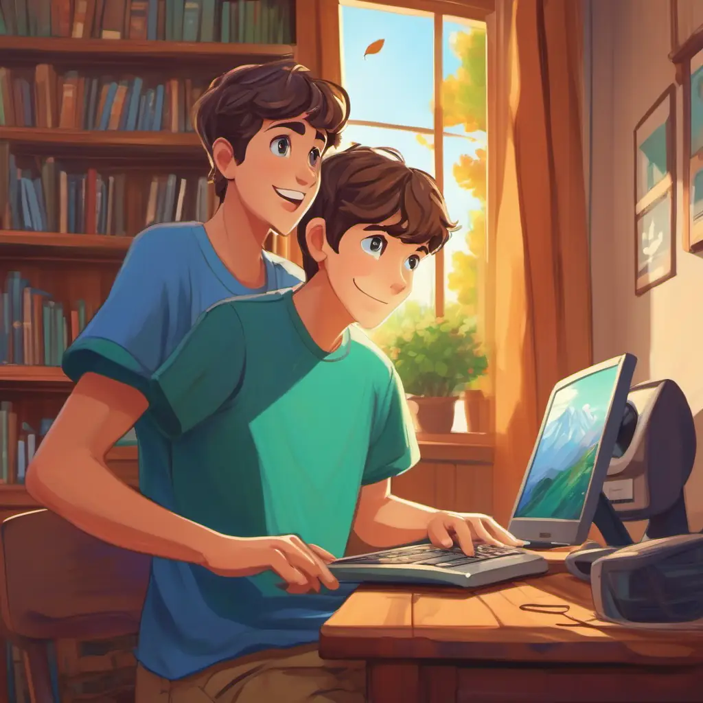 Short brown hair, green eyes, wearing a blue t-shirt excited with his new computer, in his room.