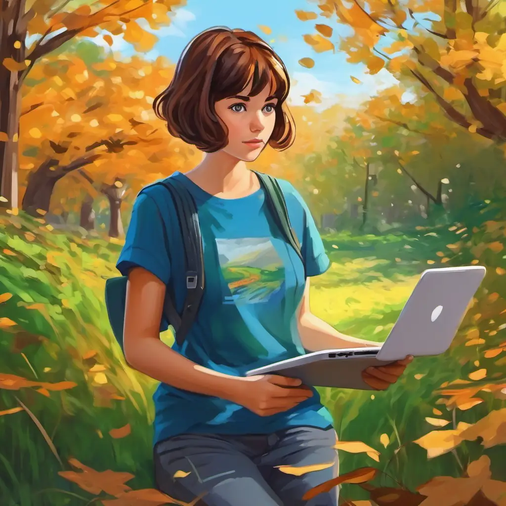 Short brown hair, green eyes, wearing a blue t-shirt discovering the internet, amazed.