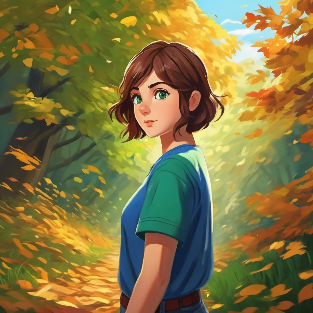 Short brown hair, green eyes, wearing a blue t-shirt overcoming obstacles in the game.