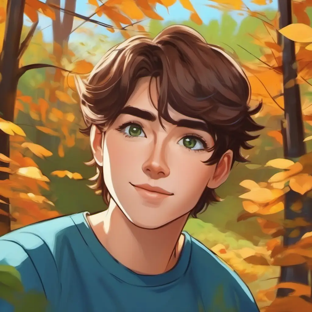 Short brown hair, green eyes, wearing a blue t-shirt proud of his achievements.