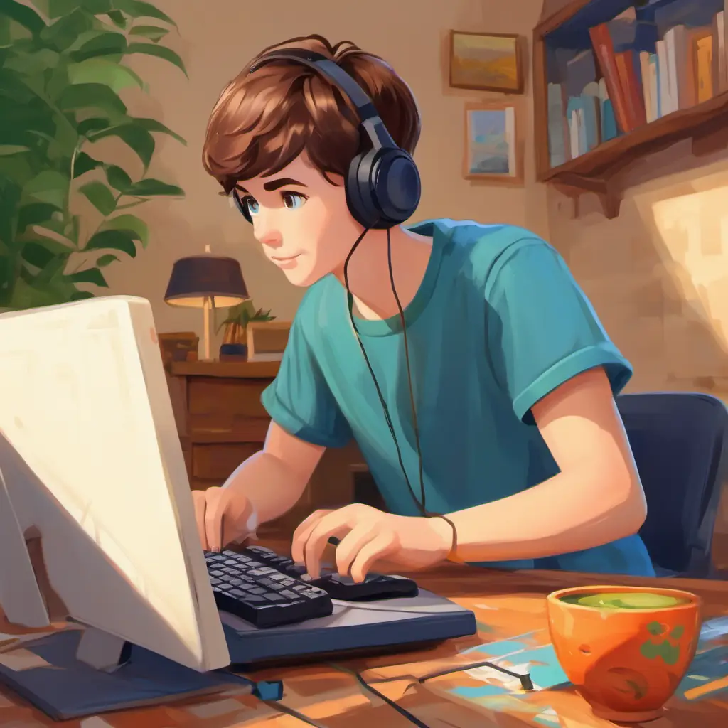 Short brown hair, green eyes, wearing a blue t-shirt playing games on his computer.