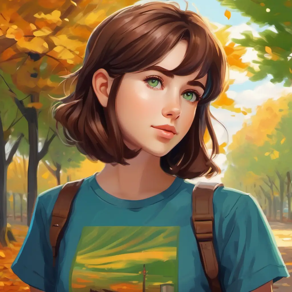 Short brown hair, green eyes, wearing a blue t-shirt facing challenges in games.