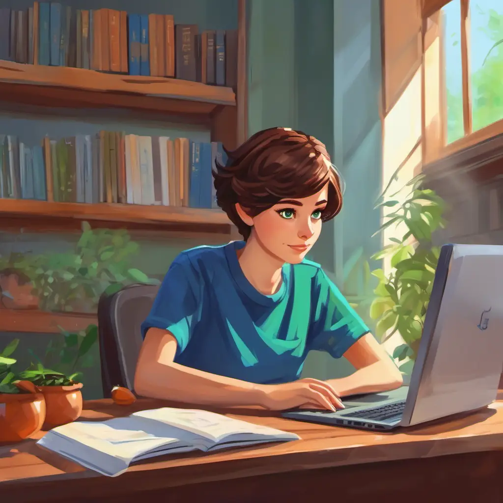 Short brown hair, green eyes, wearing a blue t-shirt finds coding lessons online.