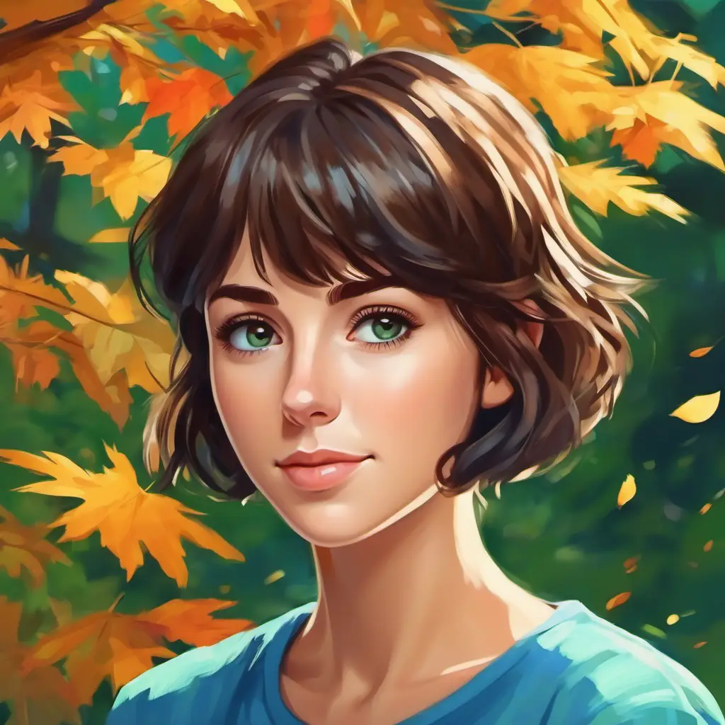 Short brown hair, green eyes, wearing a blue t-shirt creates a picture with code.