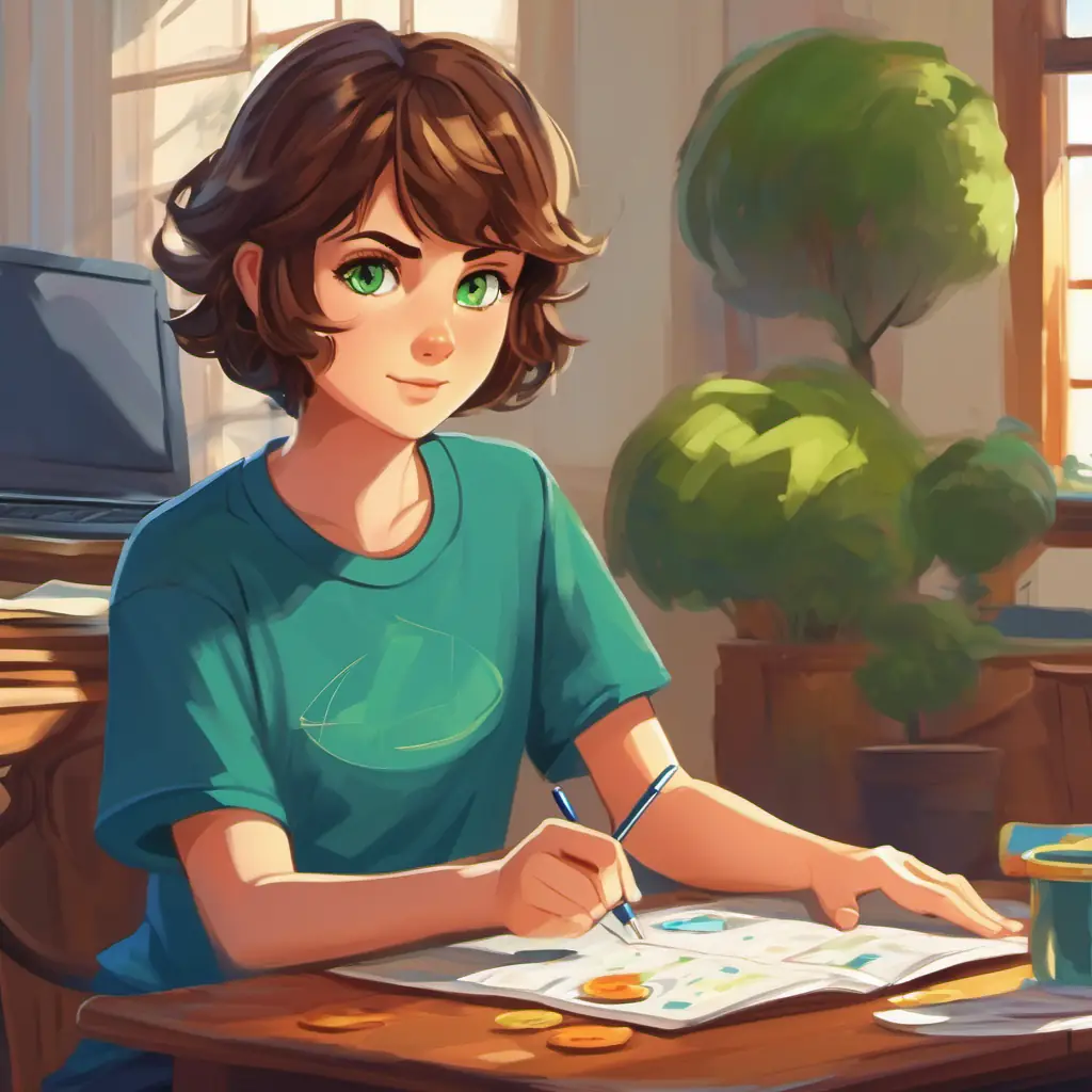 Short brown hair, green eyes, wearing a blue t-shirt coding his own game.