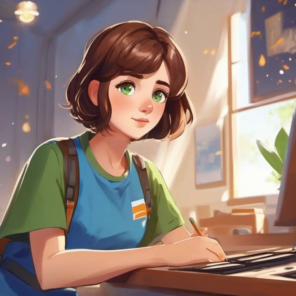 Short brown hair, green eyes, wearing a blue t-shirt makes a space game.