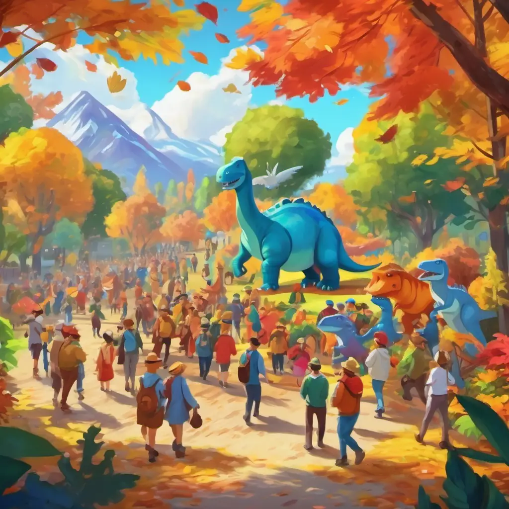 Community support gathering, colorful posters, people coming together, dinosaurs happily parading.