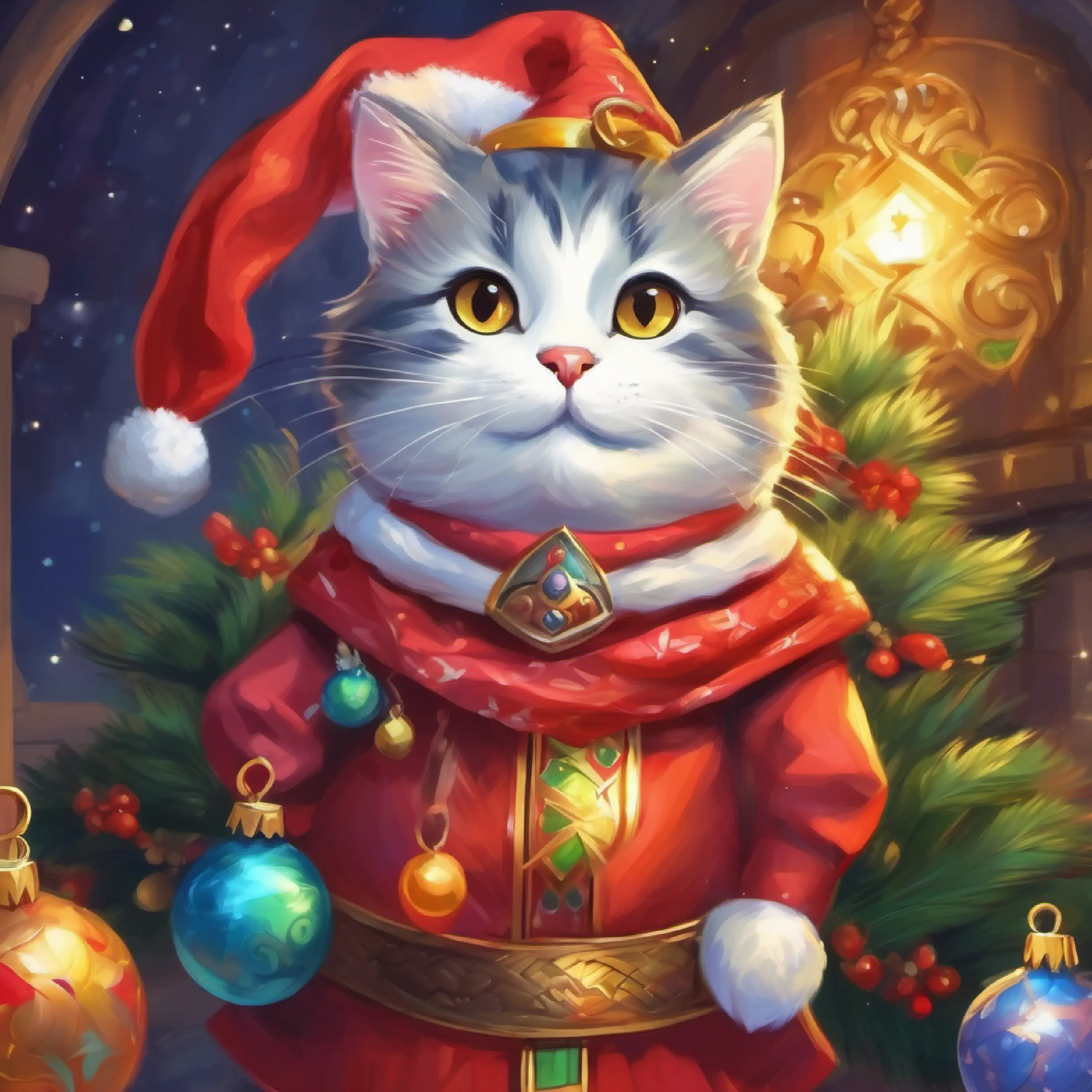 Introduction of Mystical cat with twinkling eyes, very wise and Wears colorful clothes, always carries a joyful spark in her eyes who join the King.