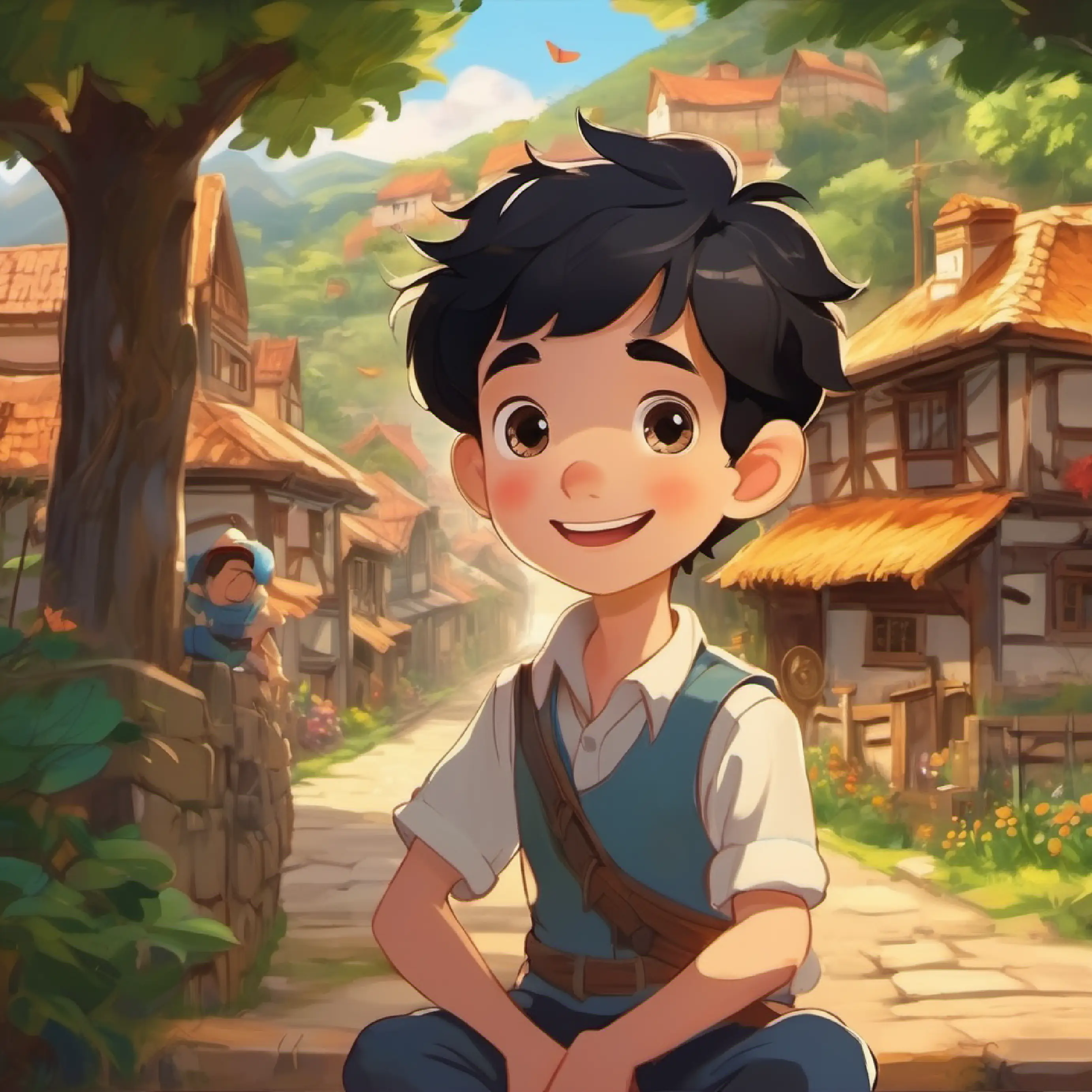 Introduction of Cheerful boy, short black hair, brown eyes, his love for stories and his village.