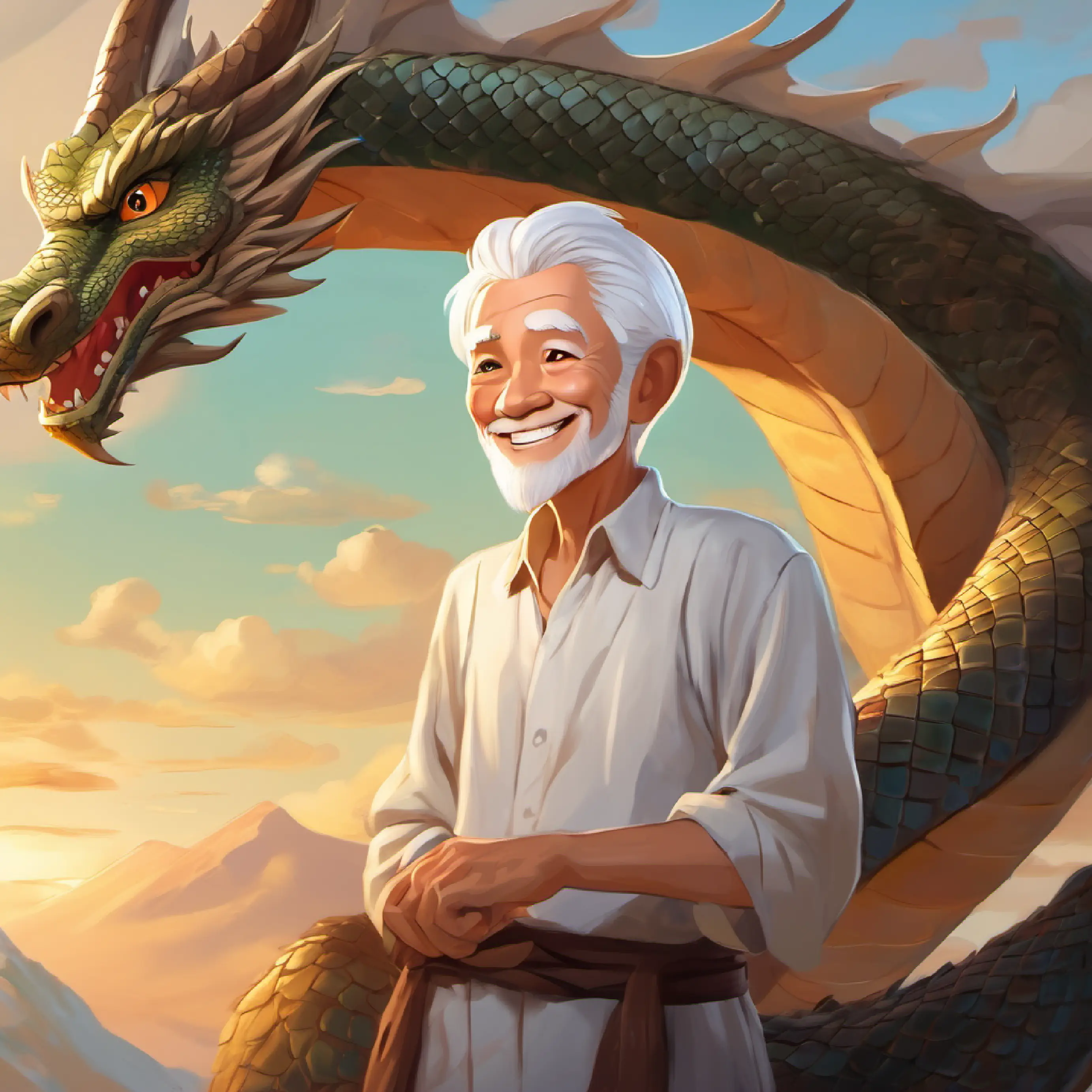 Old man, white hair, wise eyes, always smiling tells Cheerful boy, short black hair, brown eyes about the dragon's pearl.