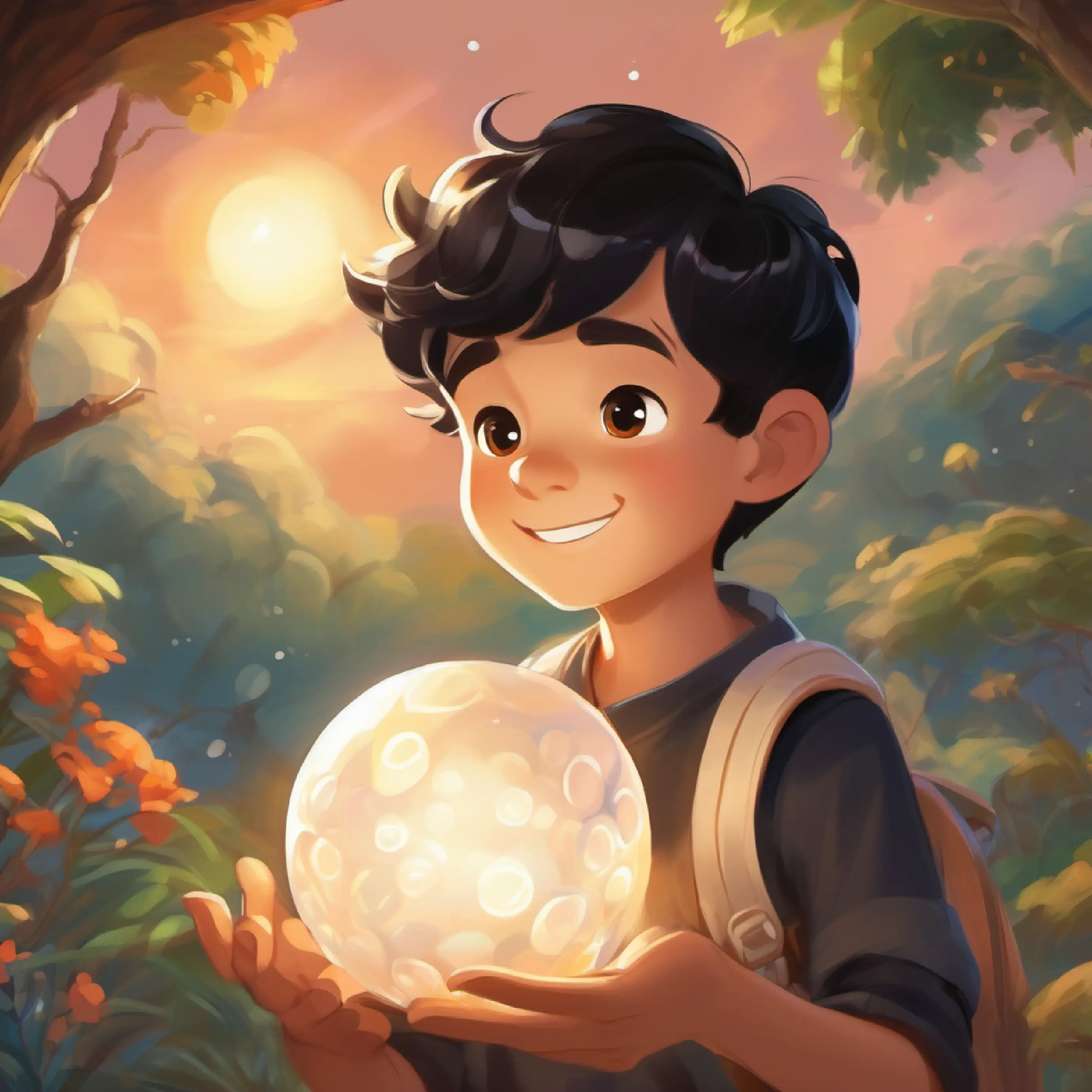 Cheerful boy, short black hair, brown eyes decides to find the magical pearl.