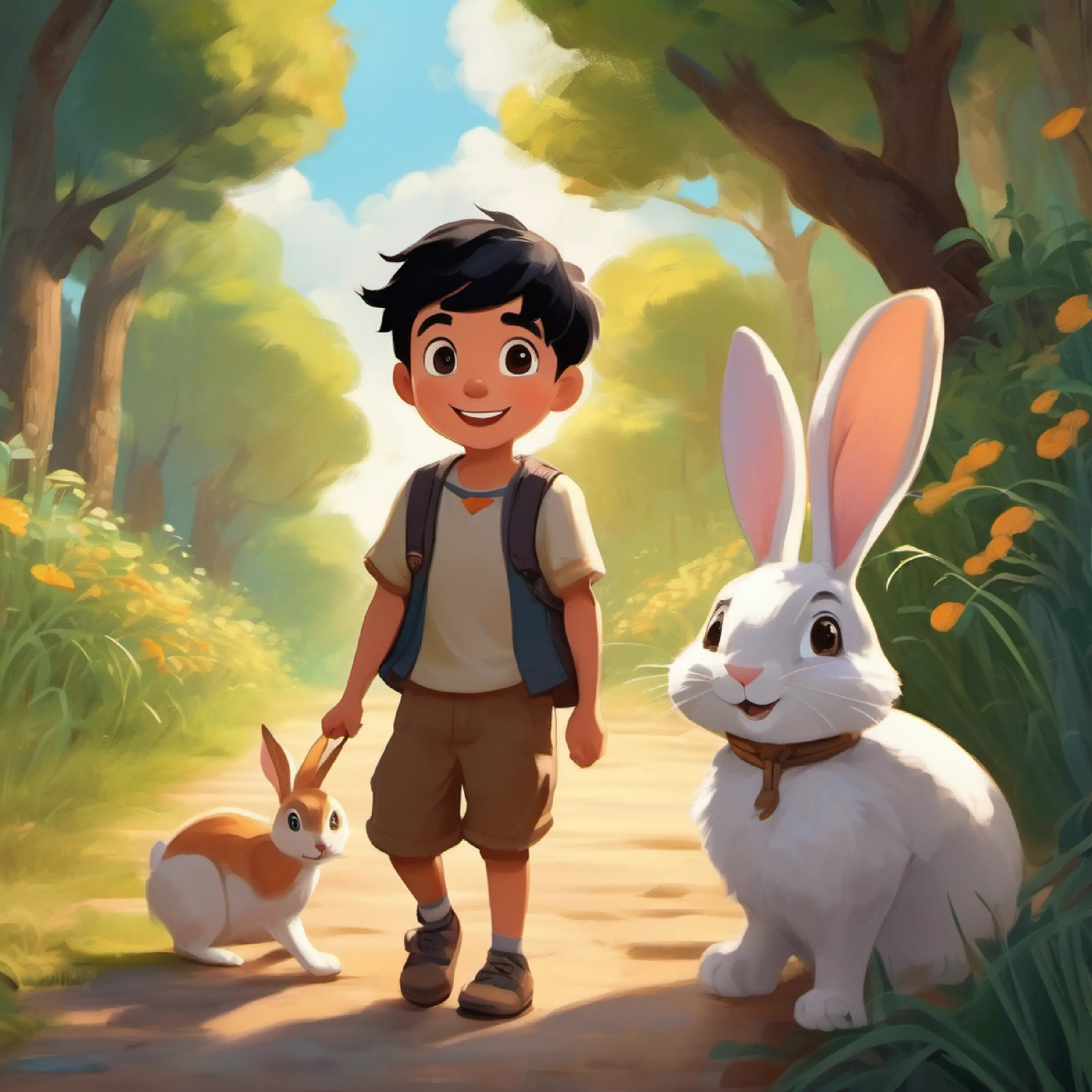 Cheerful boy, short black hair, brown eyes starts his journey and meets a talking rabbit.