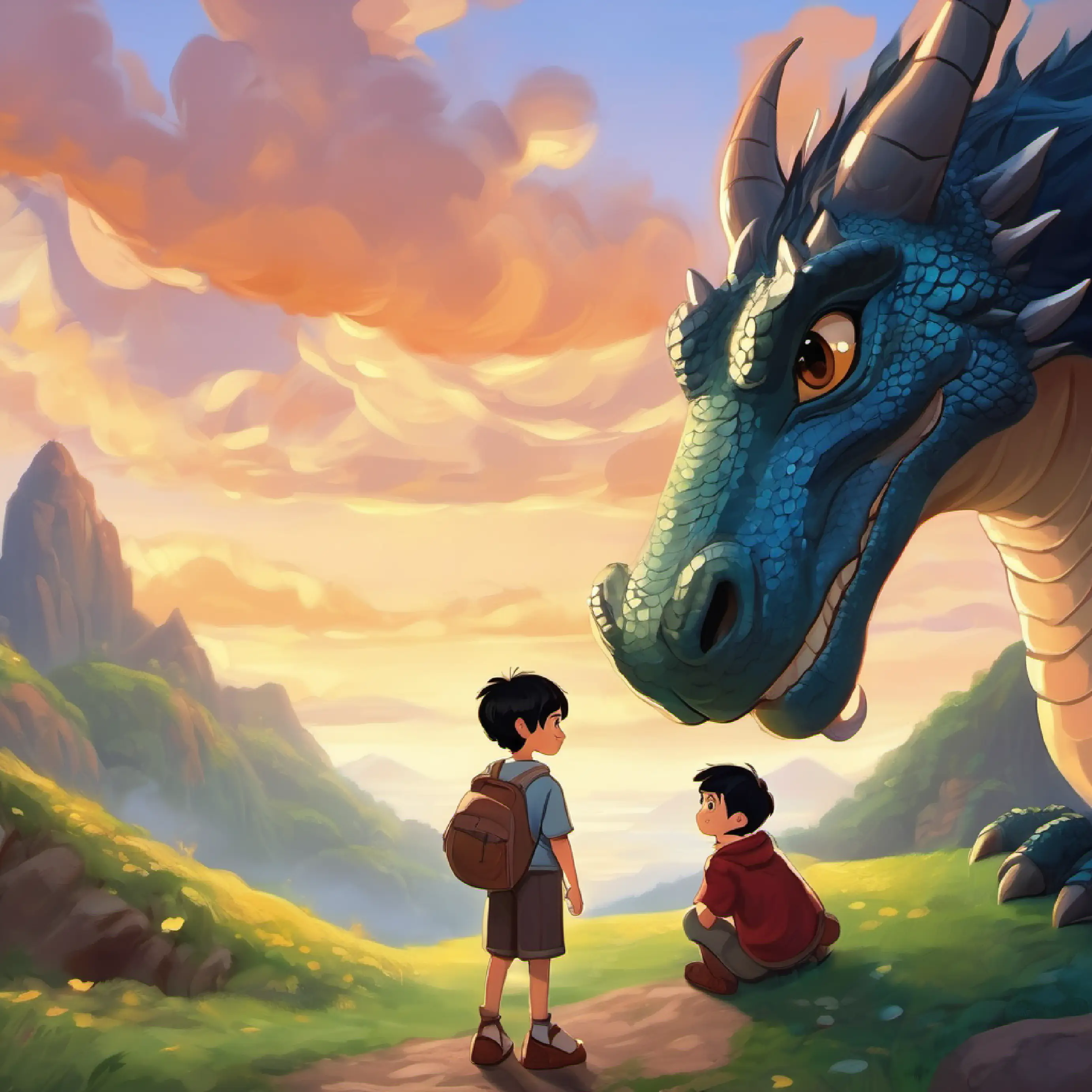 Cheerful boy, short black hair, brown eyes befriends the dragon with kindness.