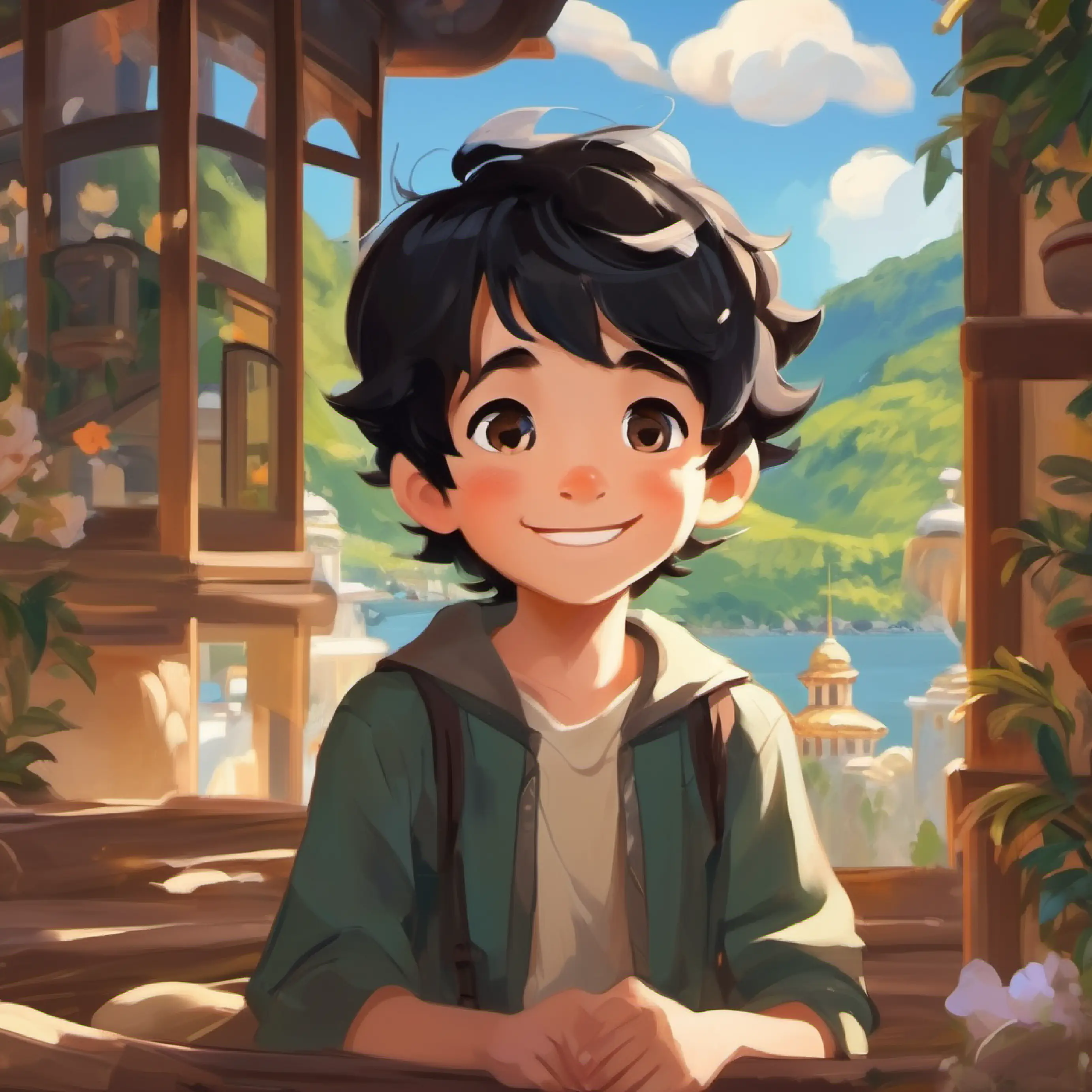 Cheerful boy, short black hair, brown eyes gets the pearl and wishes for endless adventures.