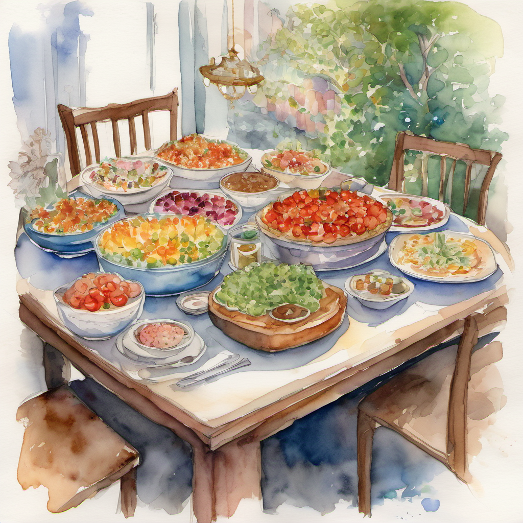 The table was overflowing with savory meat that made Timmy's mouth water, rice that sparkled like tiny little pearls, and crisp, colorful vegetables that looked like they came straight from a fairy's garden. Timmy couldn't believe his eyes and knew he had stumbled upon something truly special. Unable to resist the tempting spread, Timmy sat down at the table and sampled a little bit of everything. He sipped cups of milk, coffee, and tea, each with a different taste that delighted his senses. And to his amazement, there was even a heavenly cake with elaborate decorations that he had never seen before.