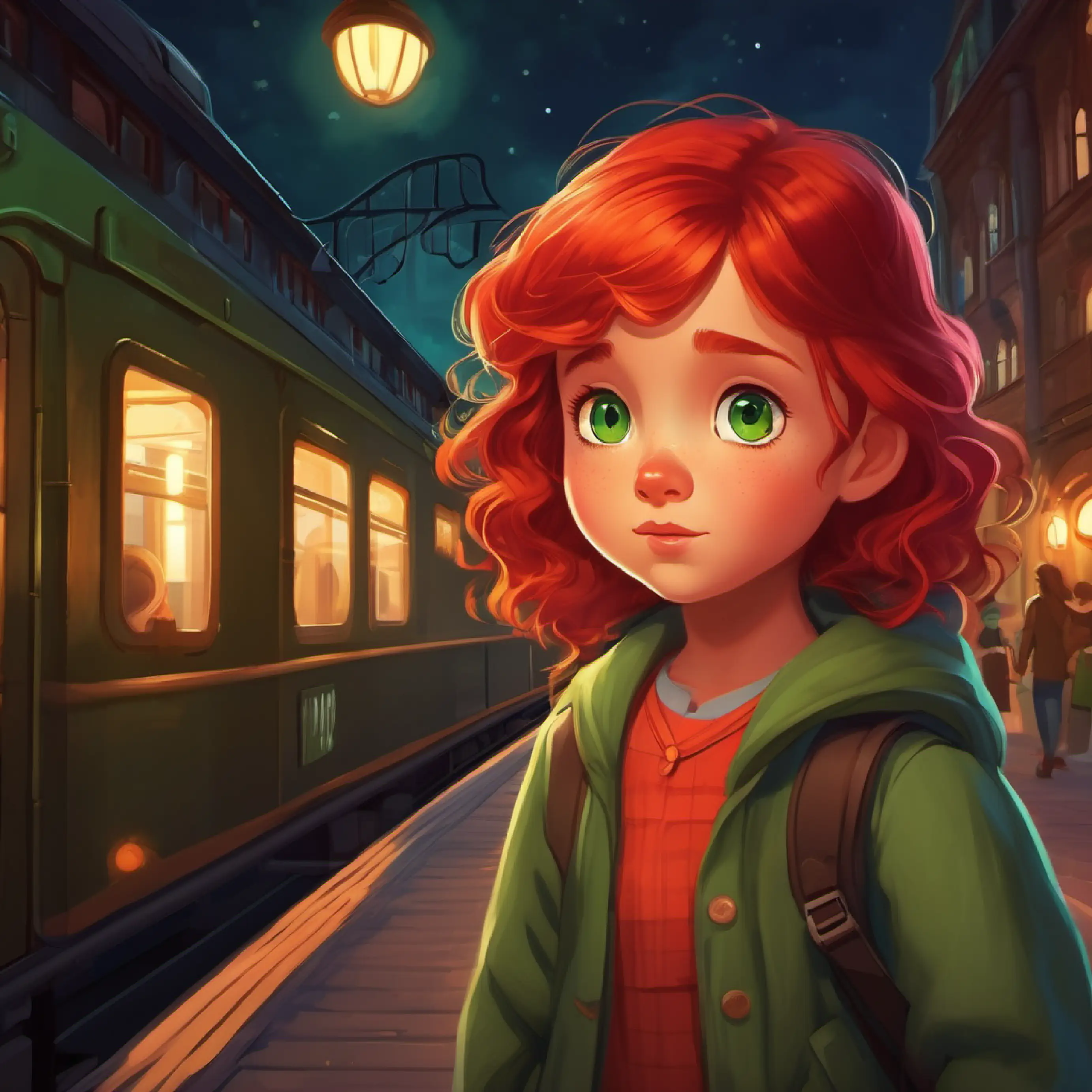 Brave little girl, red hair, green eyes, full of curiosity sneaking out at night to explore the train station.