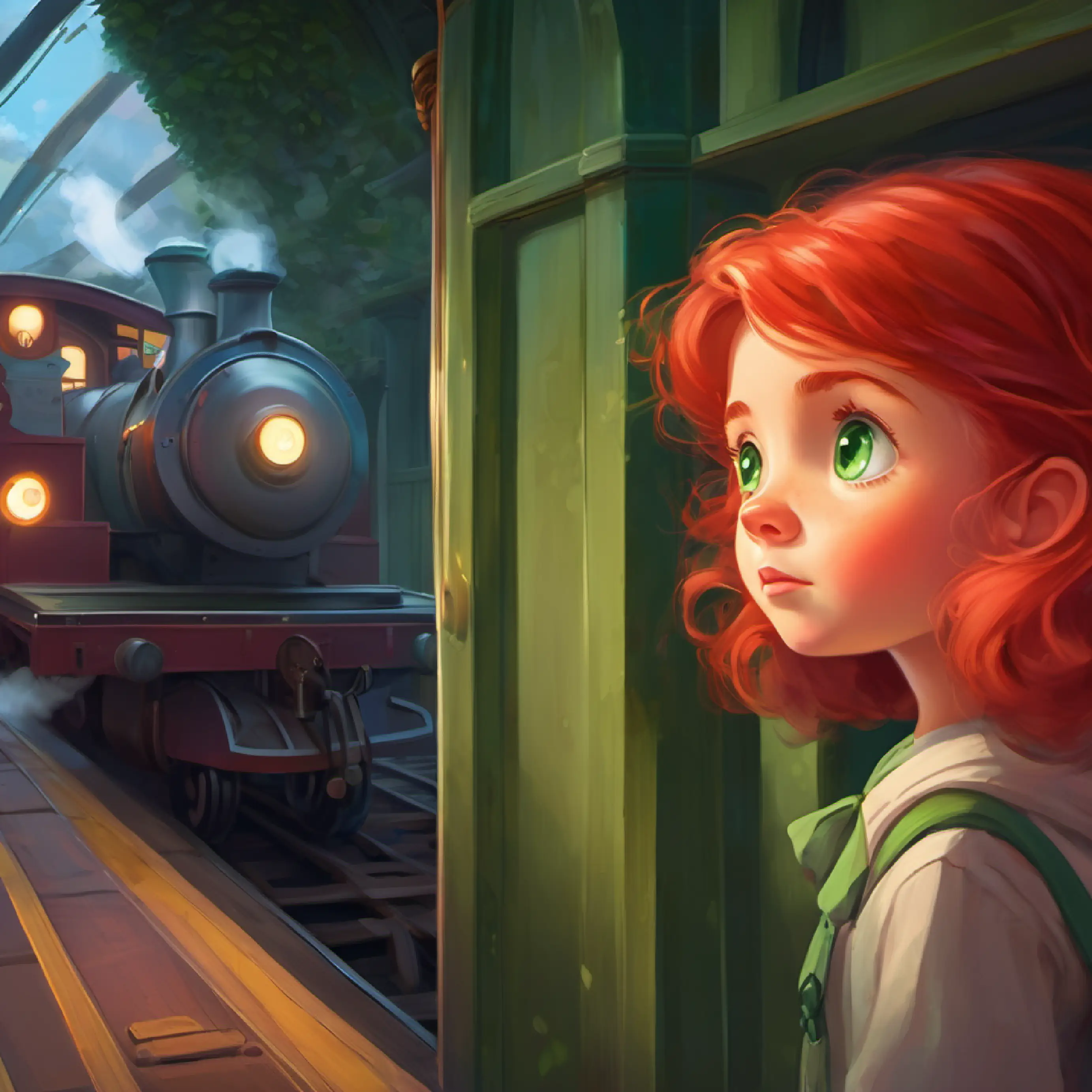 Brave little girl, red hair, green eyes, full of curiosity meeting the friendly ghost train at the station.