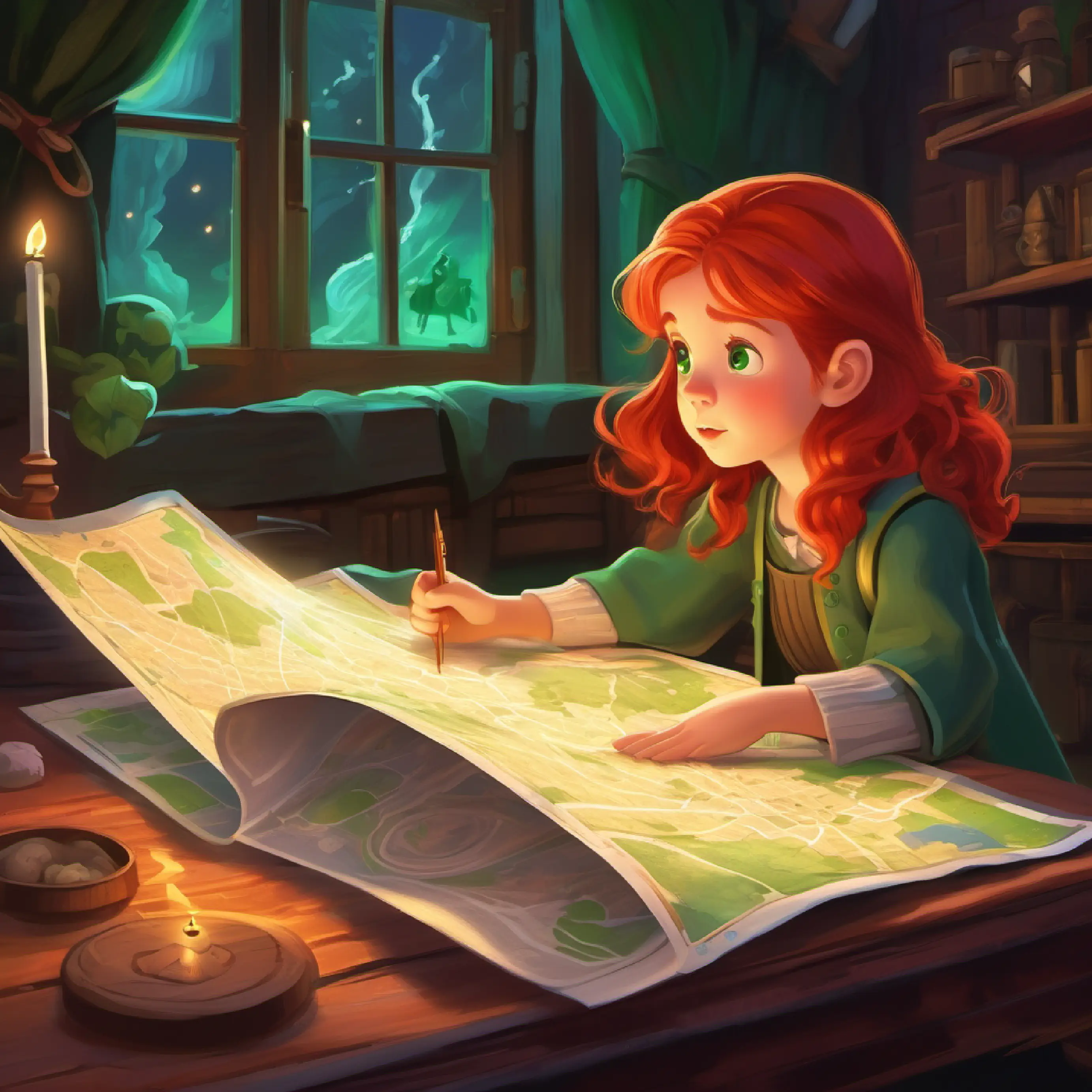 Brave little girl, red hair, green eyes, full of curiosity discovering a map to help the ghost train find its way home.
