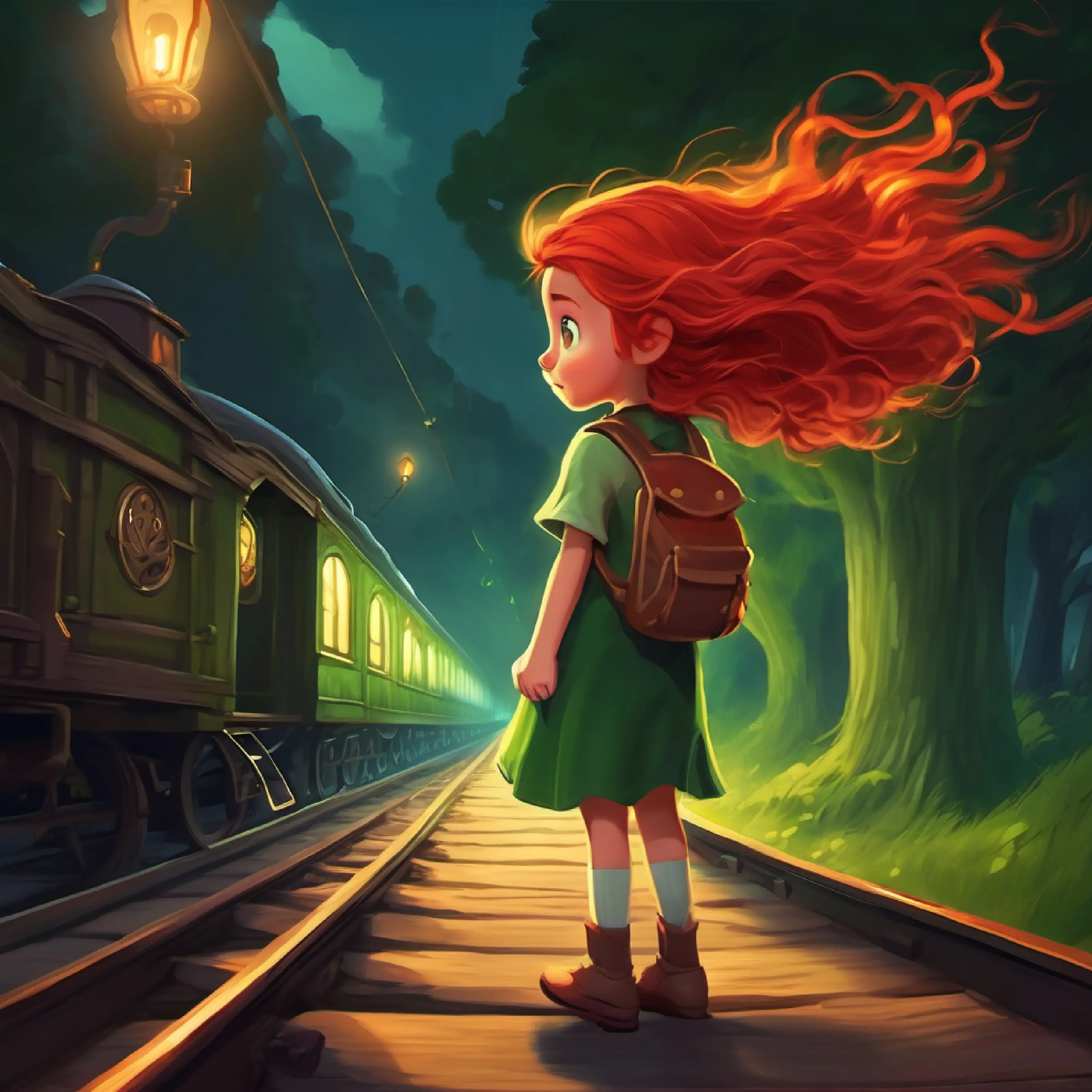 Brave little girl, red hair, green eyes, full of curiosity leading the ghost train to the hidden track.