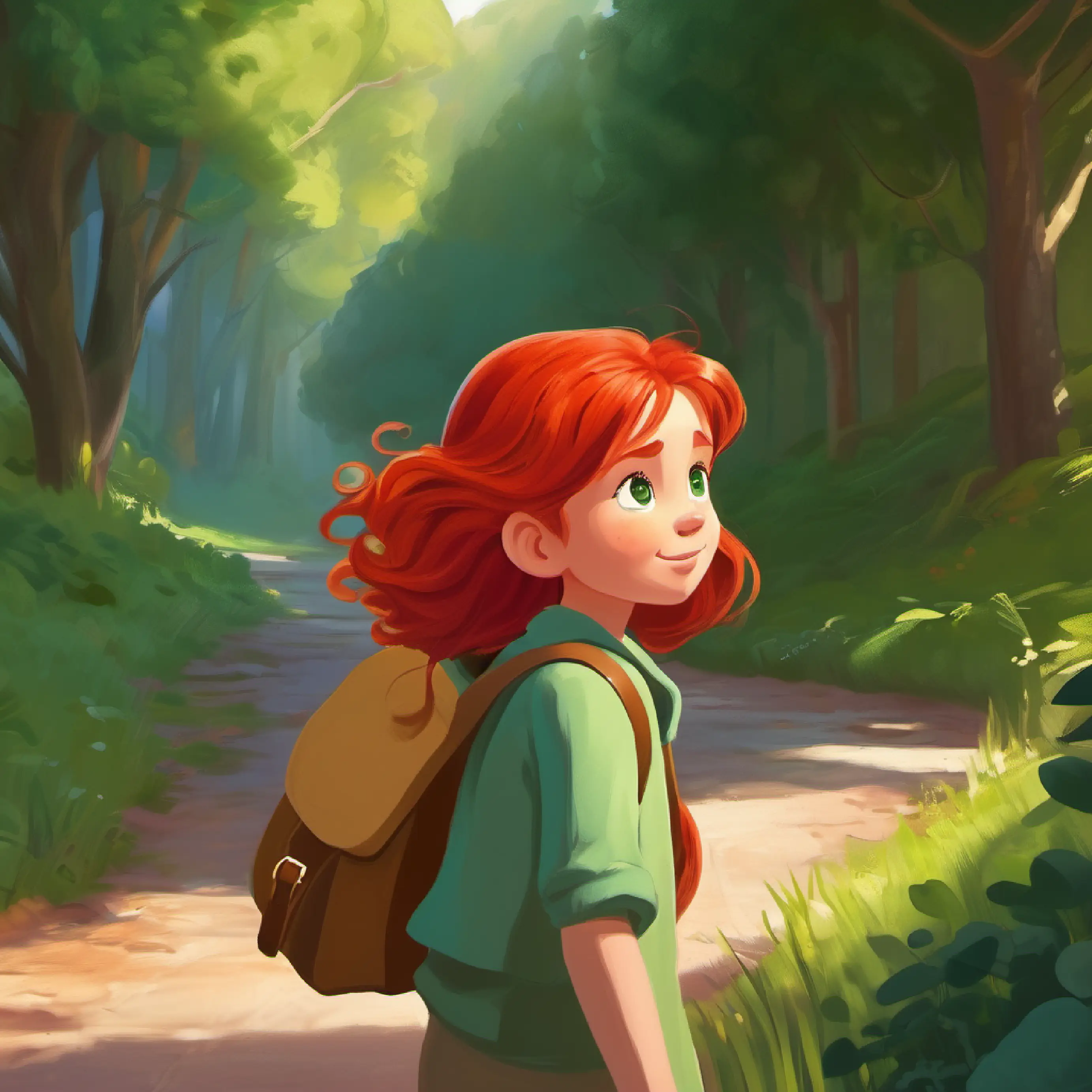 Brave little girl, red hair, green eyes, full of curiosity returning home after her adventure, ready to share her story.