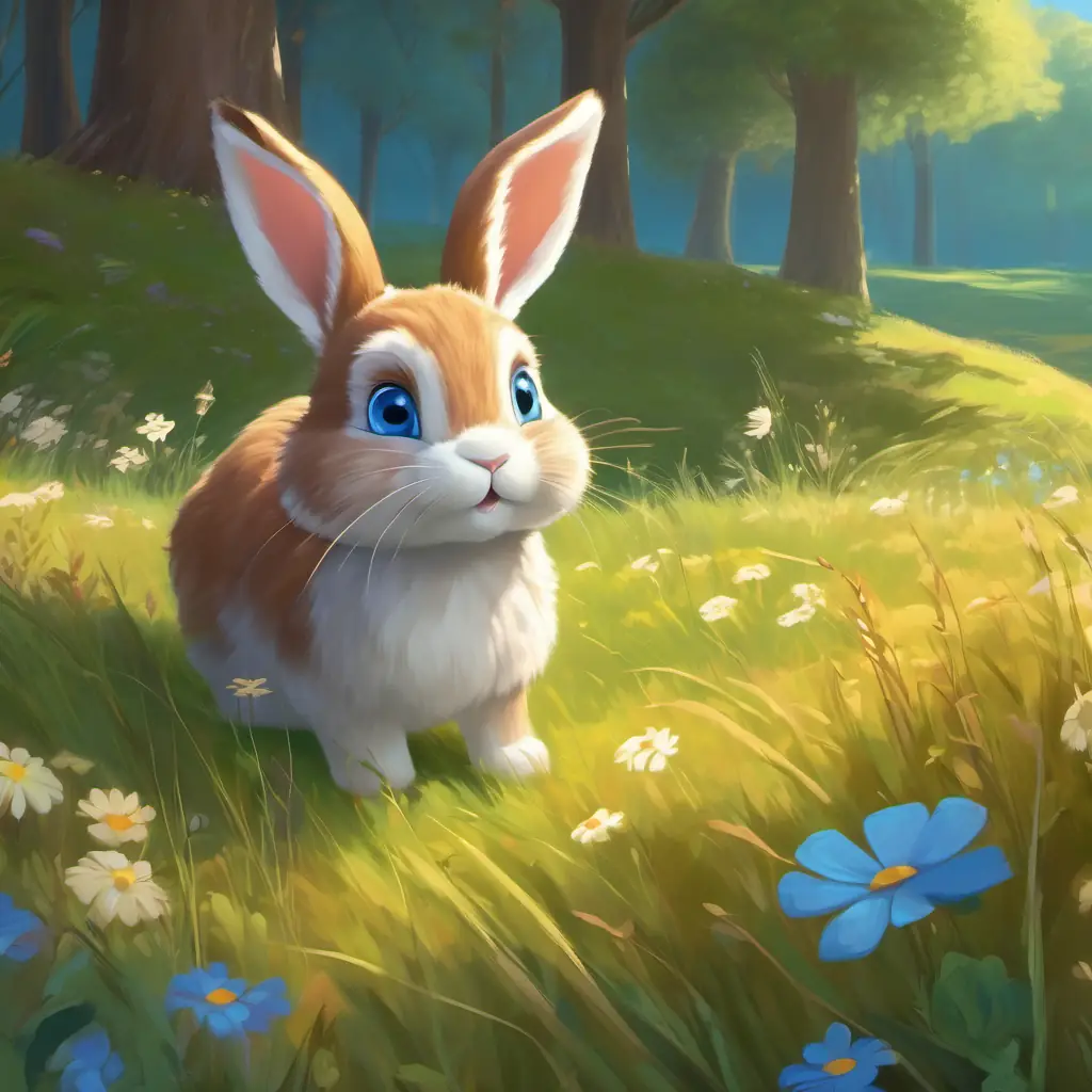 Opening scene in the sunny meadow, introducing Brave little bunny, brown fur, blue eyes