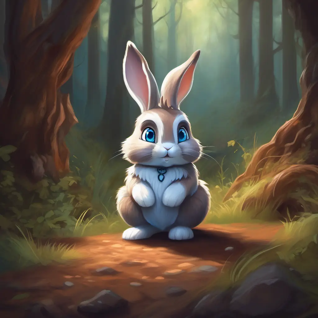 Brave little bunny, brown fur, blue eyes learns about the dark spell and decides to help